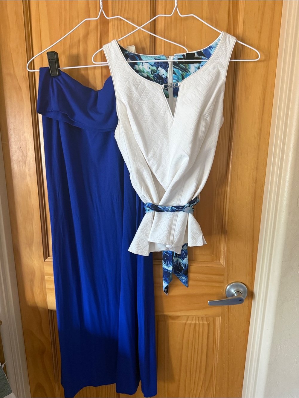 White House Black Market White Peplum One-Shoulder Dress with Royal Blue Sash
